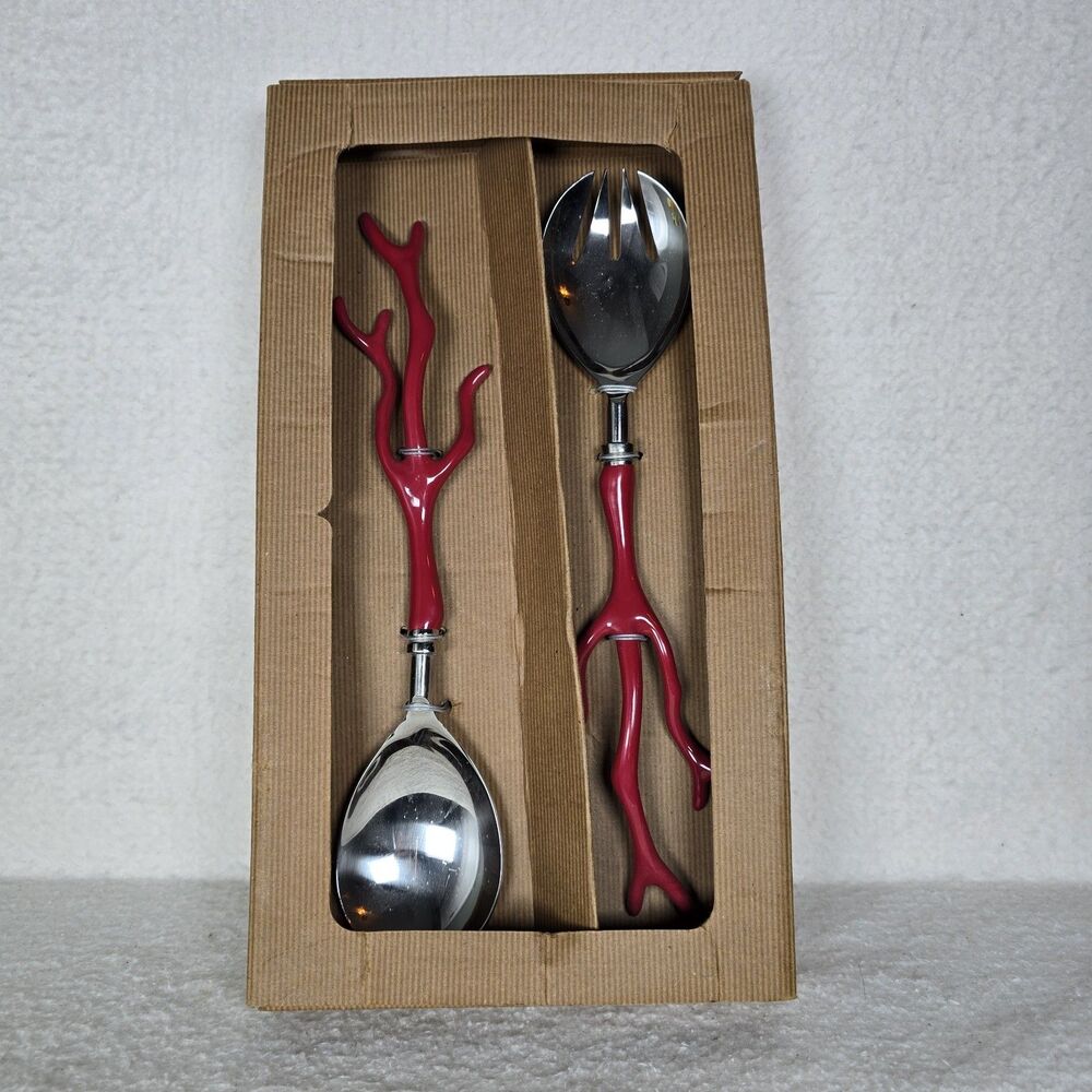 NEW Pottery Barn Red Coral Acrylic Handles Salad Spoon Spork Stainless Steel